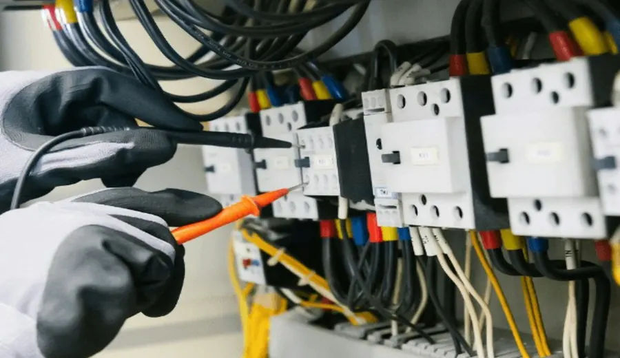 Manos de un técnico midiendo un tablero eléctrico durante un trabajo.
