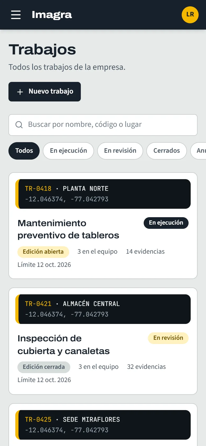 La lista de trabajos de Imagra vista en un celular.