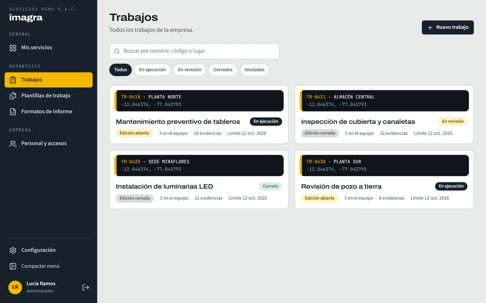 La lista de trabajos en ReportSite: cada uno con su código, lugar, estado, equipo y evidencias.